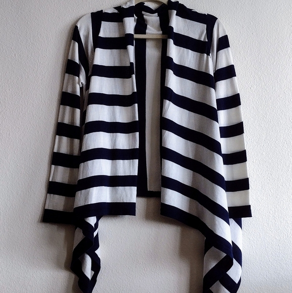 Navy Blue Striped Open Front Waterfall Cardigan Medium Coastal Grandma Fisherman - Picture 1 of 9